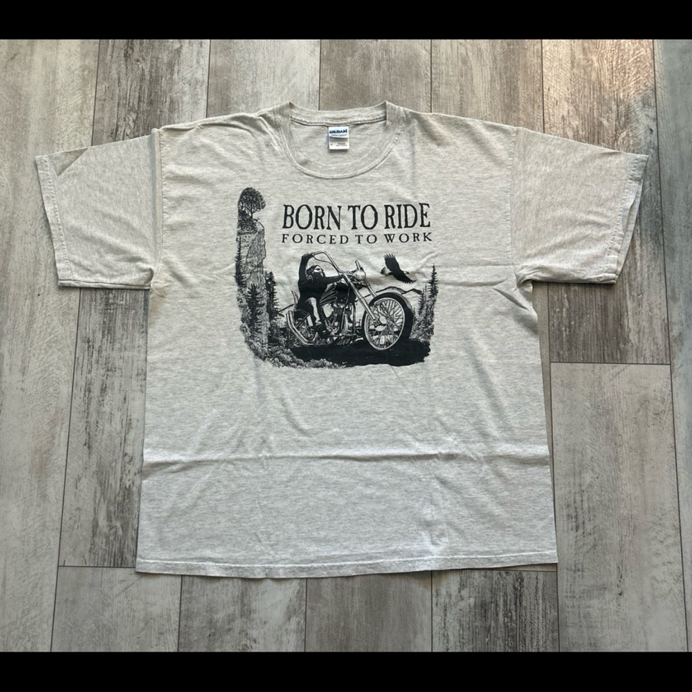 Vintage Biker Nature Heather Gray Tee shirt Born to Ride Forced To Work Size XL